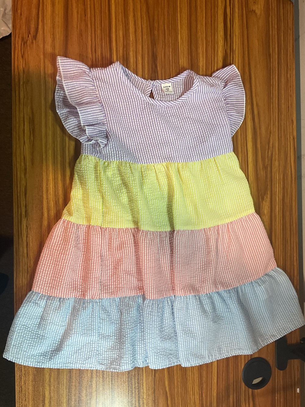 SHEIN Pastel Tiered Seersucker Dress in Lavender, Yellow, Pink & Blue